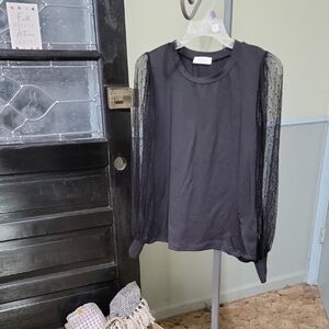 NWOT Les Amis Black Crew With Sheer Polka Dot Sleeves Women Size S, M, L